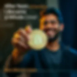 Proud Bitcoin Owner Person holding a physical Bitcoin with a big smile, celebrating their achievement of full ownership after years of saving and sacrifices