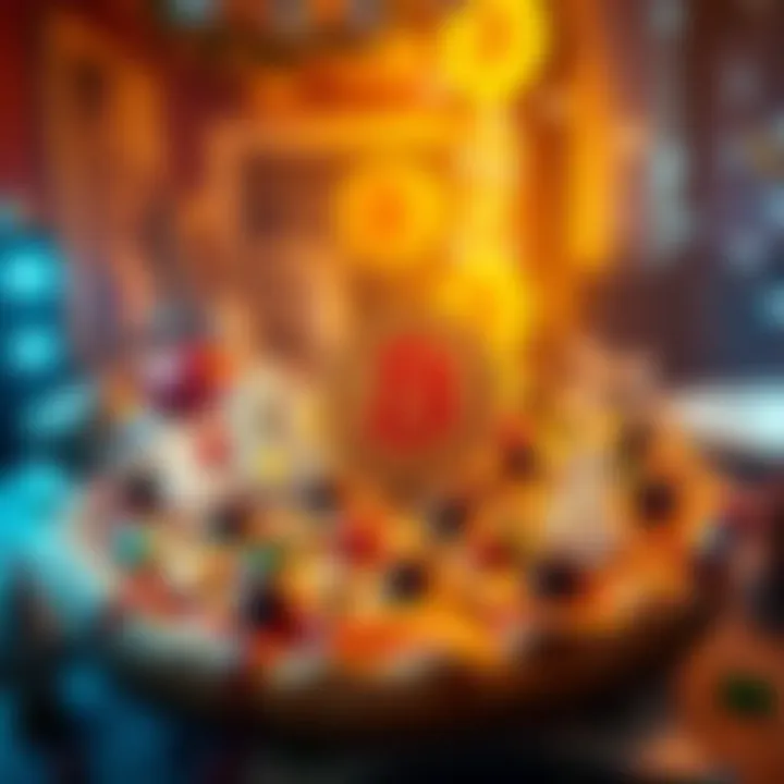 A festive scene showcasing a pizza with Bitcoin symbols on it, surrounded by decorations celebrating Bitcoin Pizza Day.