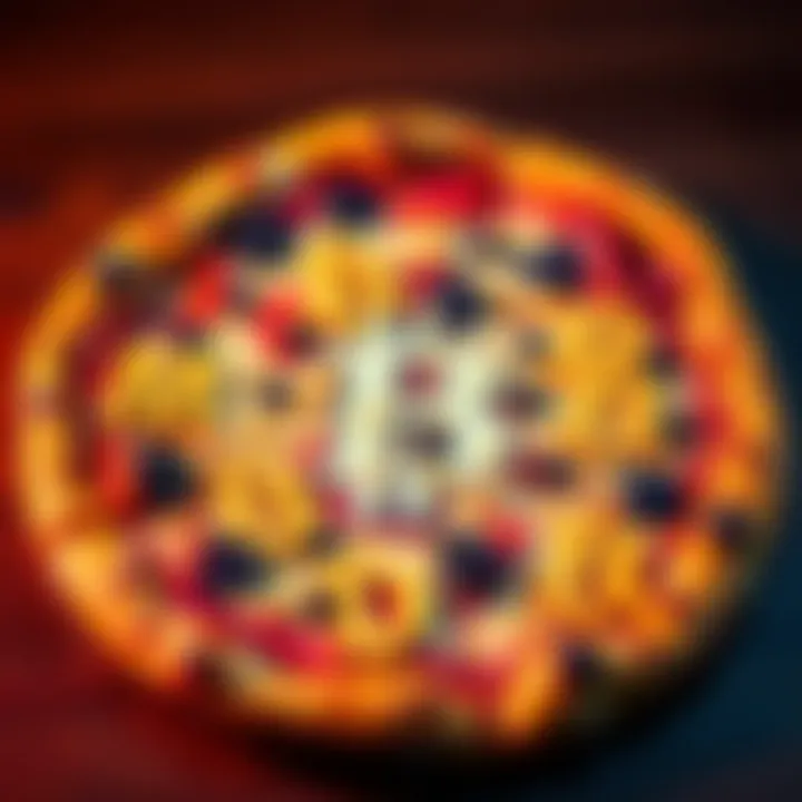 Bitcoin Pizza Purchase A pizza with Bitcoin symbols arranged around it, highlighting the significance of the famous pizza purchase in 2010.