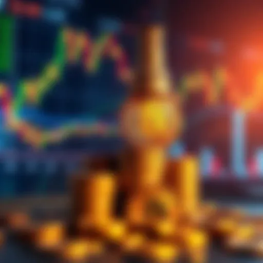 A rising stack of Bitcoin coins representing a Ponzi scheme increasing in value, alongside financial charts showing market manipulation, reflecting concerns over a potential market crash.