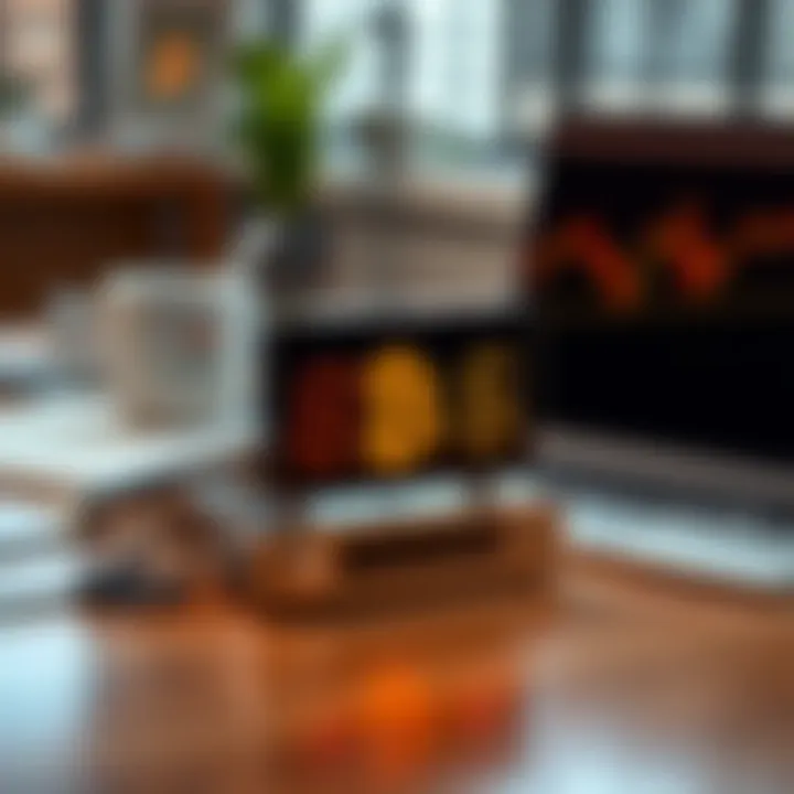 A mechanical Bitcoin price counter displayed on a modern desk with a laptop and coffee cup in the background