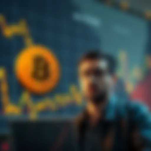 A graph showing Bitcoin's declining value in the backdrop of inflation concerns, with a worried investor looking at the screen.