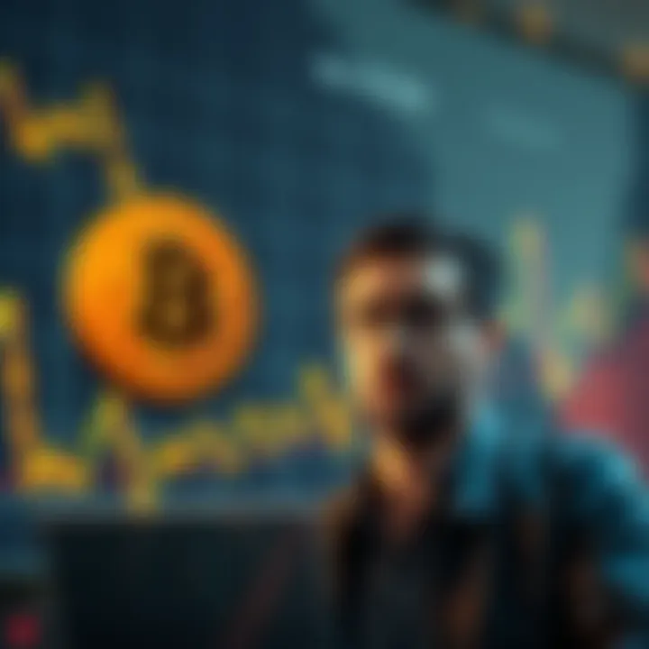 A graph showing Bitcoin's declining value in the backdrop of inflation concerns, with a worried investor looking at the screen.