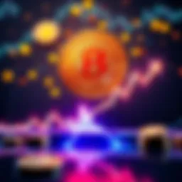 A graphical representation showing a Bitcoin price chart with a downward trend, indicating a market dip, surrounded by investment symbols like arrows and coins.