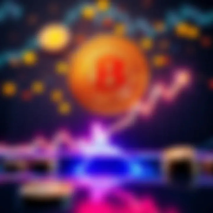 A graphical representation showing a Bitcoin price chart with a downward trend, indicating a market dip, surrounded by investment symbols like arrows and coins.