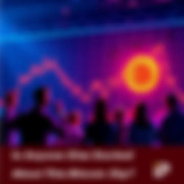 A graph showing a downward trend in Bitcoin prices with excited people discussing buying opportunities.