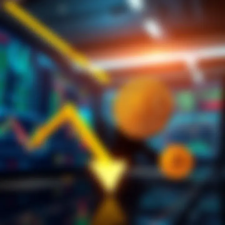 A down arrow representing Bitcoin price decrease with a background of a trader analyzing charts.