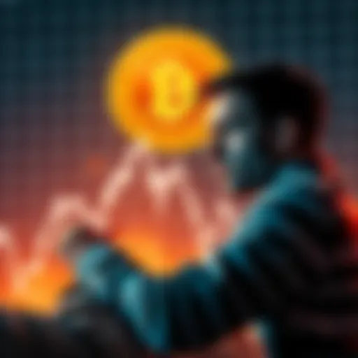 A graph showing a downward trend in Bitcoin prices with a worried investor looking at it