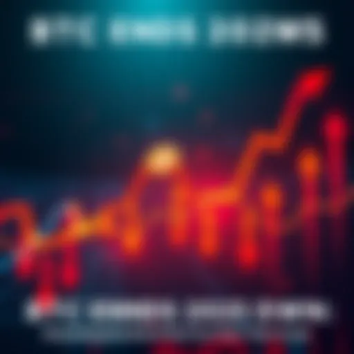 Graph showing Bitcoin's decline in value, with downward arrows and market analysis symbols.