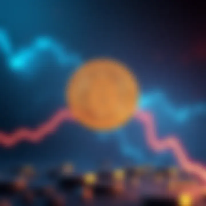 A graphic showing a Bitcoin symbol with a downward trending line, symbolizing price drop and investment opportunity.