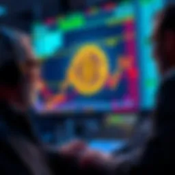 Traders analyzing Bitcoin prices on a digital screen with a downward trend graph