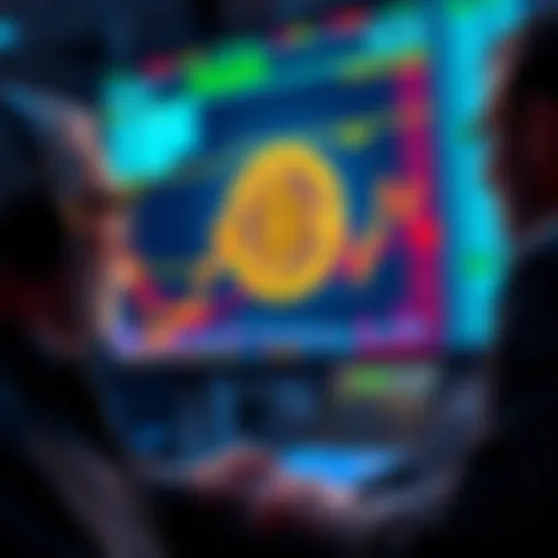 Traders analyzing Bitcoin prices on a digital screen with a downward trend graph