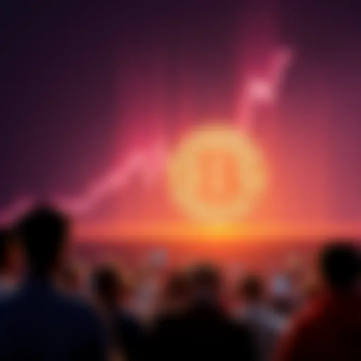 A graph showing Bitcoin's significant price drop, with a calm crowd of people observing it on their devices, reflecting a mix of concern and indifference.
