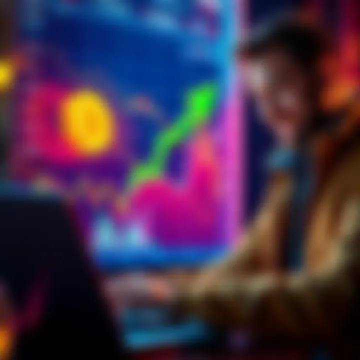 Bitcoin Price Drop A graph showing Bitcoin's recent price decline with a green upward arrow representing optimism, alongside a happy investor looking at a laptop.