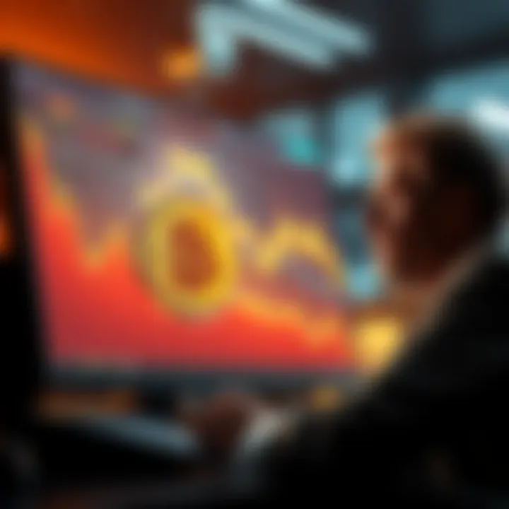 A dramatic fall in Bitcoin prices shown with a downward graph and a worried investor looking at a computer screen.