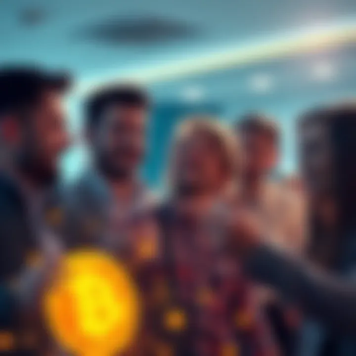 A group of friends discussing the recent Bitcoin price drop, showing mixed emotions of worry and excitement about potential buying opportunities.