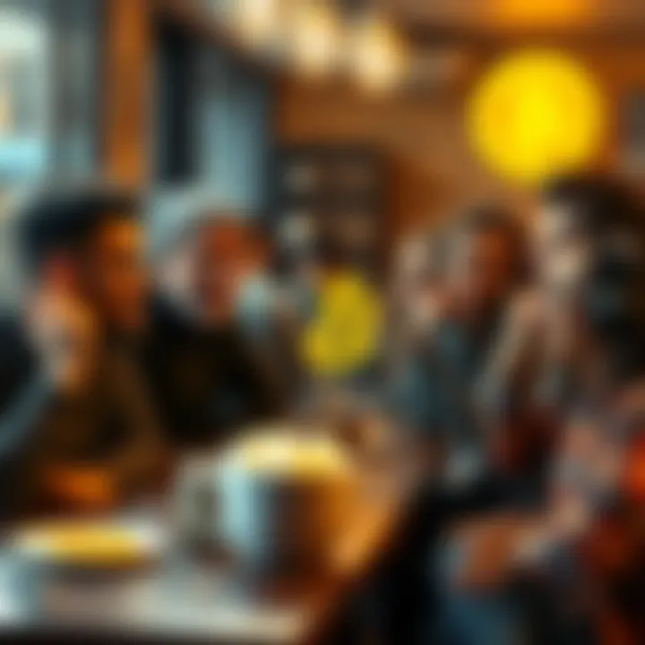 A group of friends discussing Bitcoin's downturn at a coffee shop, some looking worried while others seem amused.