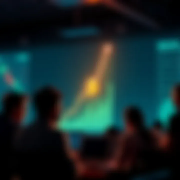 A graph showing the recent rise in Bitcoin prices, highlighting a peak at $61k with a rising trend line, surrounded by excited investors looking at their screens.