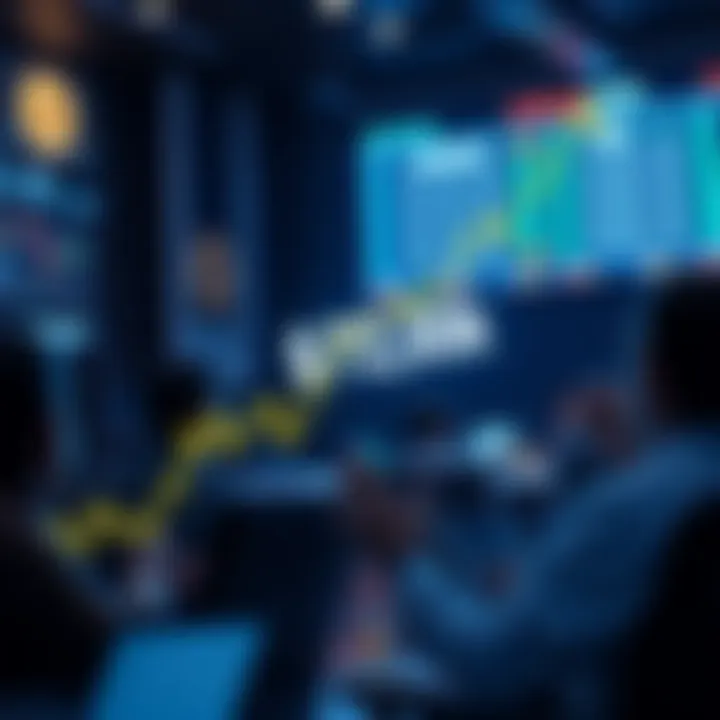 A digital representation of Bitcoin's price chart showing a sharp increase to $72,000, with a background of excited traders discussing in a forum setting.