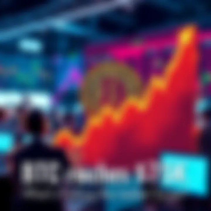 Bitcoin Price Surge A graph showing Bitcoin's price climbing to $75,000 with a background of excited traders discussing market trends.