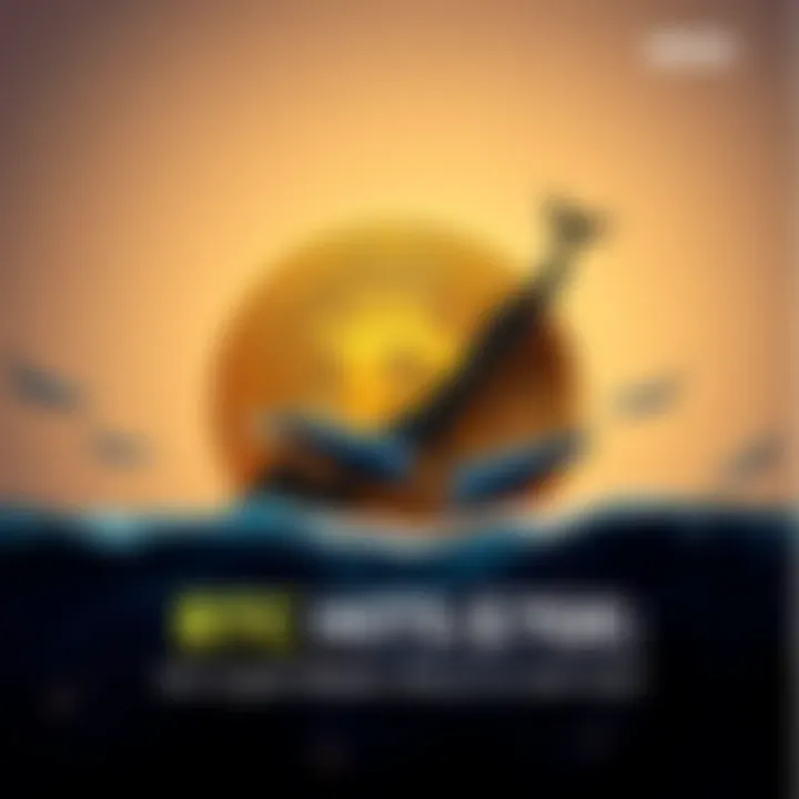 Bitcoin logo with an upward trend graph and a shadow of whales swimming in the background