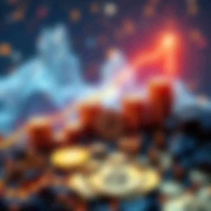 A graphic representation of Bitcoin rising in value, symbolizing potential future prices in billions per coin, featuring coins and upward trends.