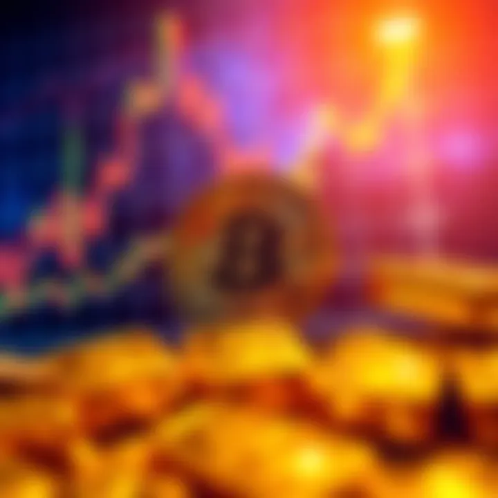 Visual representation of Bitcoin's price increasing with a graph and gold bars in the background