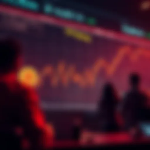 Graph showing declining Bitcoin prices with worried investors looking on.