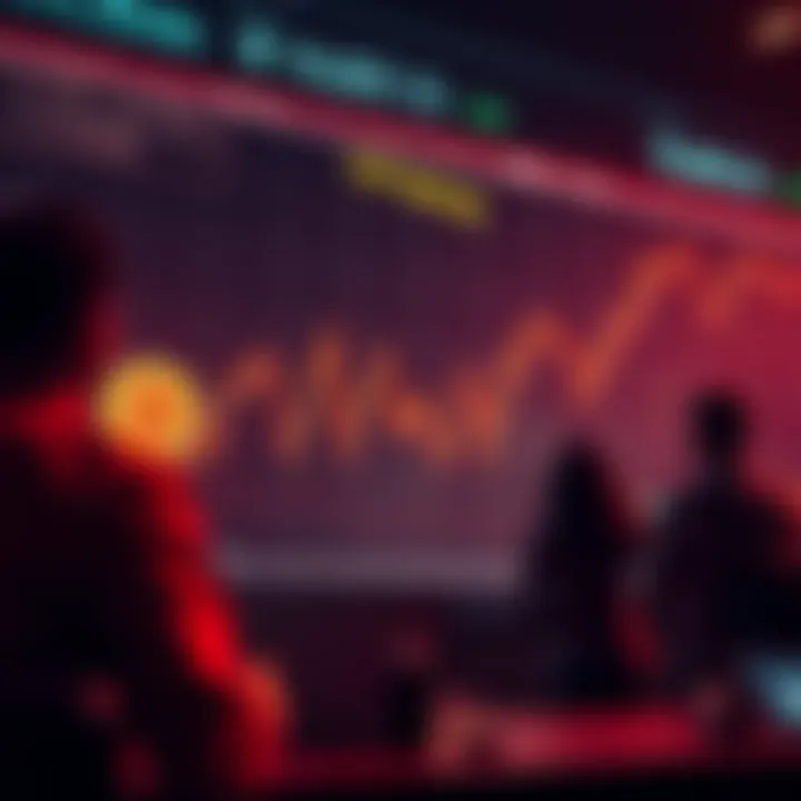 Graph showing declining Bitcoin prices with worried investors looking on.