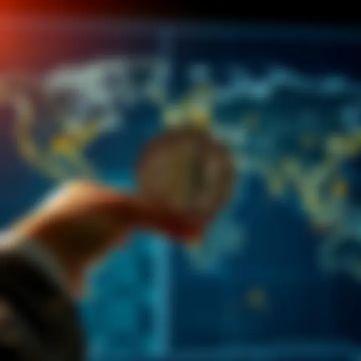 A person holding a Bitcoin in front of a map highlighting global tensions, symbolizing financial security during crises