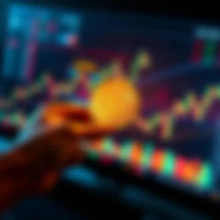 A person holding a Bitcoin symbol while looking at fluctuating market charts on a screen