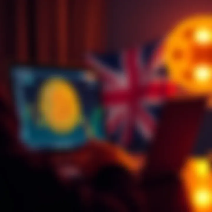 A person looking at a Bitcoin chart on a laptop with a UK flag in the background
