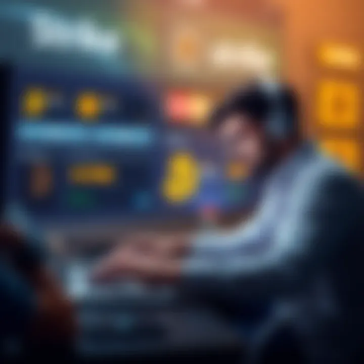 A person buying bitcoin on a laptop, with a background showing payment methods like Strike