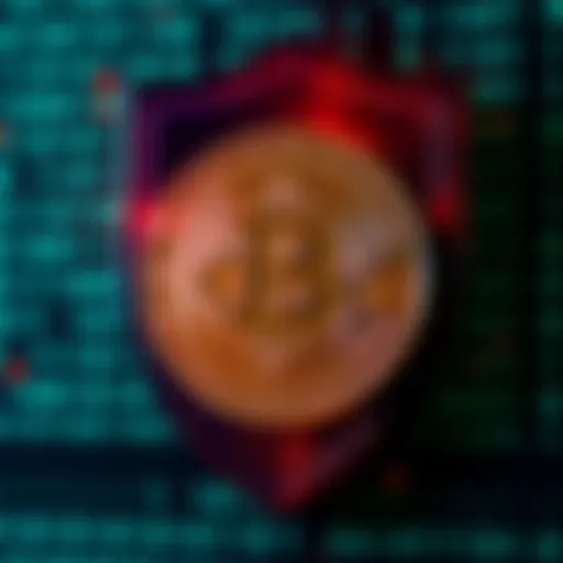 A digital representation of Bitcoin secured against quantum threats, featuring a shield and binary code background.