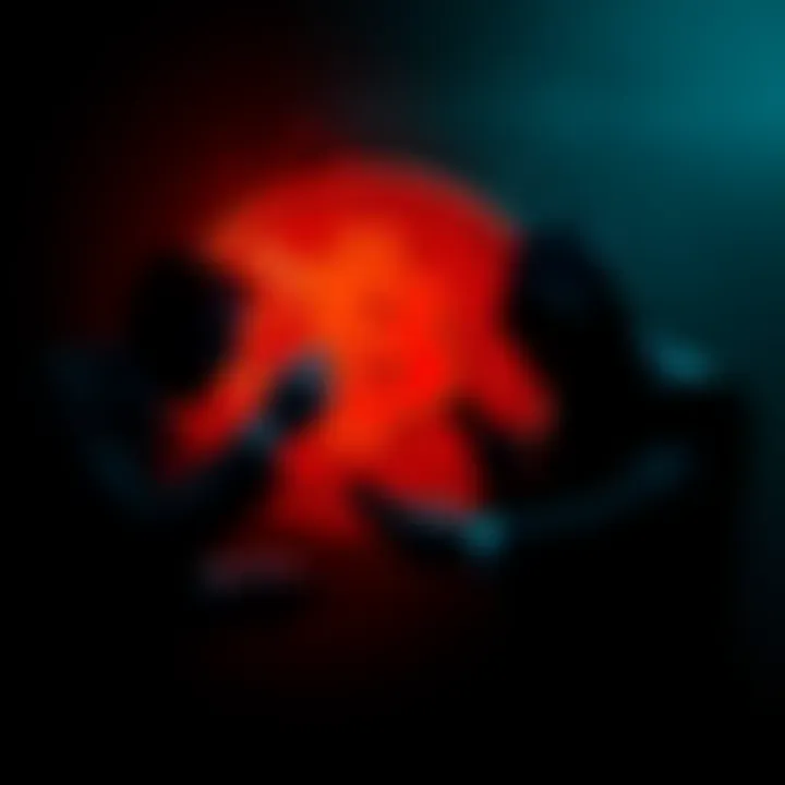 A dark background featuring a Bitcoin symbol with shadowy figures exchanging money, signifying illicit transactions,