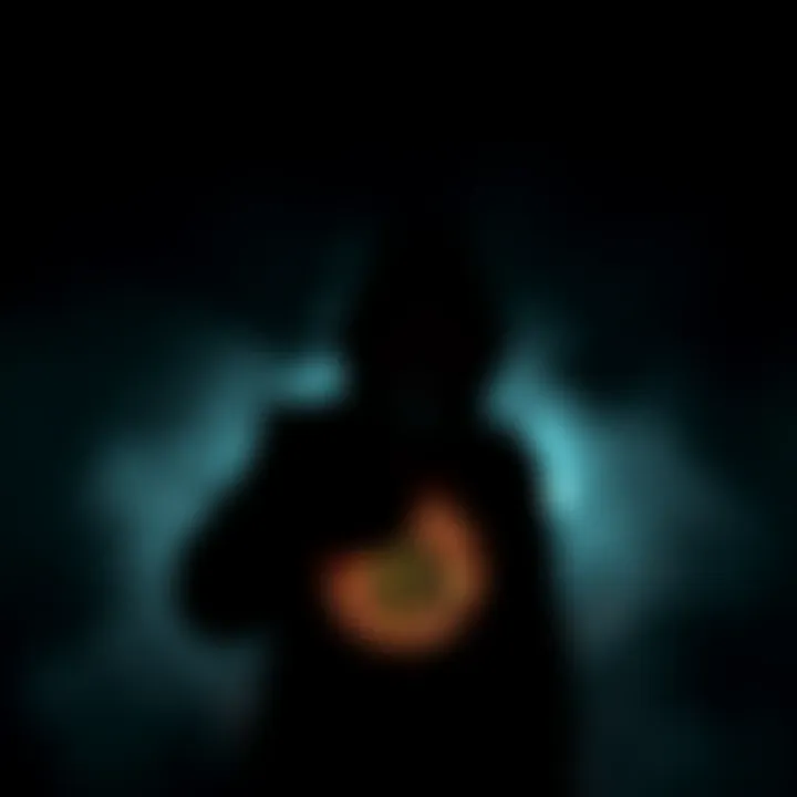 A silhouette of a person holding a Bitcoin symbol, surrounded by dark shadows, representing the threat of ransom activities in cryptocurrency.