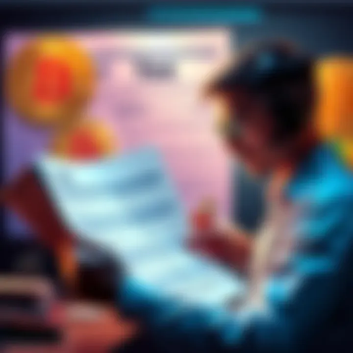 A person reviewing tax documents with Bitcoin symbols and IRS notice in the background