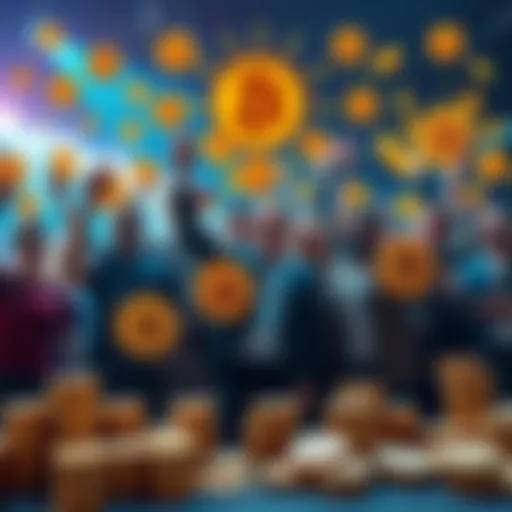 A group of diverse people celebrating with Bitcoin symbols and stacks of coins, showing optimism and unity in a digital currency market.