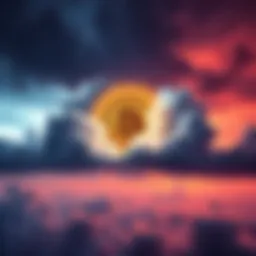 Bitcoin symbol shining brightly against a backdrop of dark clouds representing outages, symbolizing strength in finance.