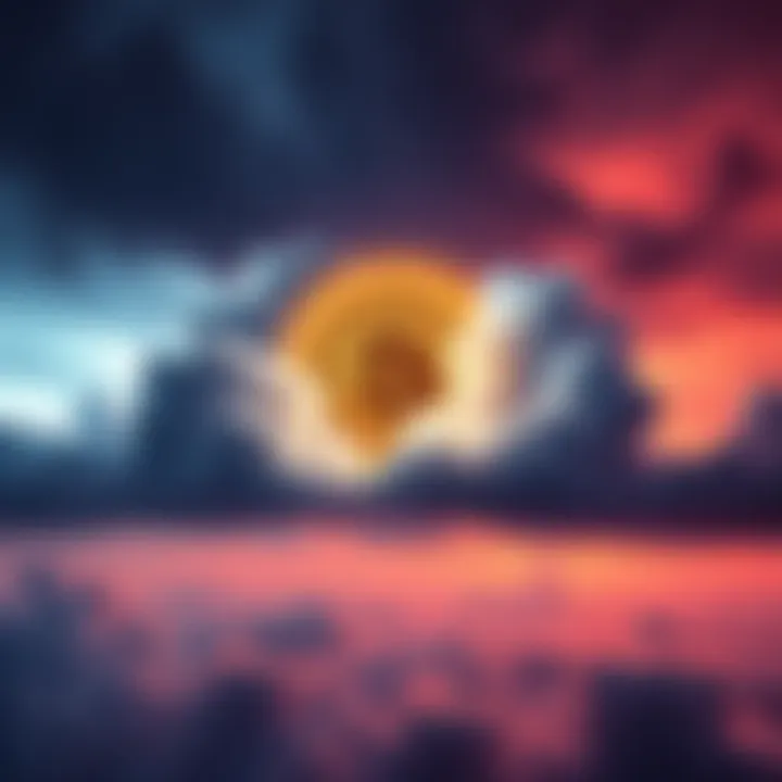 Bitcoin symbol shining brightly against a backdrop of dark clouds representing outages, symbolizing strength in finance.