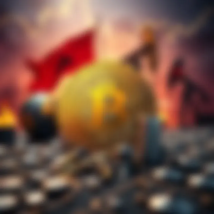 A visual representation of Bitcoin's stability at $69K with a background showing symbols of war, inflation, and oil prices, indicating global challenges.