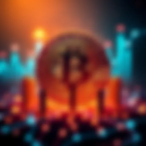 A digital representation of Bitcoin with upward arrows symbolizing growth in the financial system, showing connections in a global network.