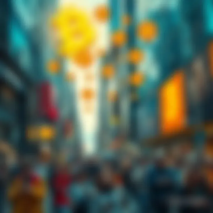A busy city street with people distracted by their phones while Bitcoin symbols float above, highlighting the contrast between daily life and the cryptocurrency's growth.