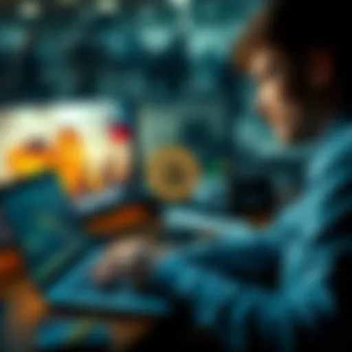 A person analyzing Bitcoin prices on a laptop against a backdrop of geopolitical conflict images.