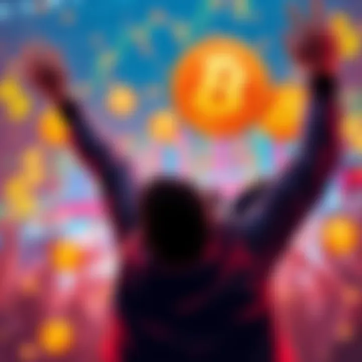 Bitcoin Sale Announcement A person celebrating a Bitcoin sale with charts and dollar signs in the background, reflecting excitement in the crypto market.