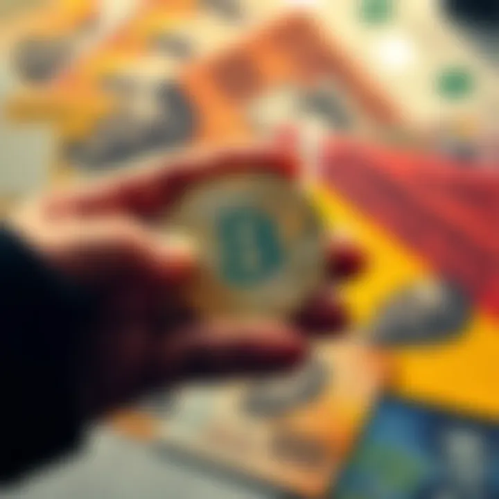 A person holding a physical Bitcoin coin with Zimbabwean currency notes in the background.