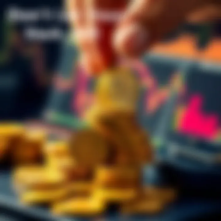 A person stacking small Bitcoin coins, representing humble accumulation of wealth, with a digital wallet in the background.