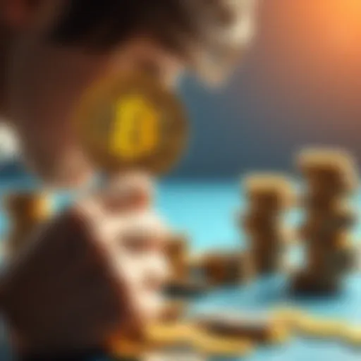 A person examining a Bitcoin symbol while considering savings options, with stacks of coins in the background.