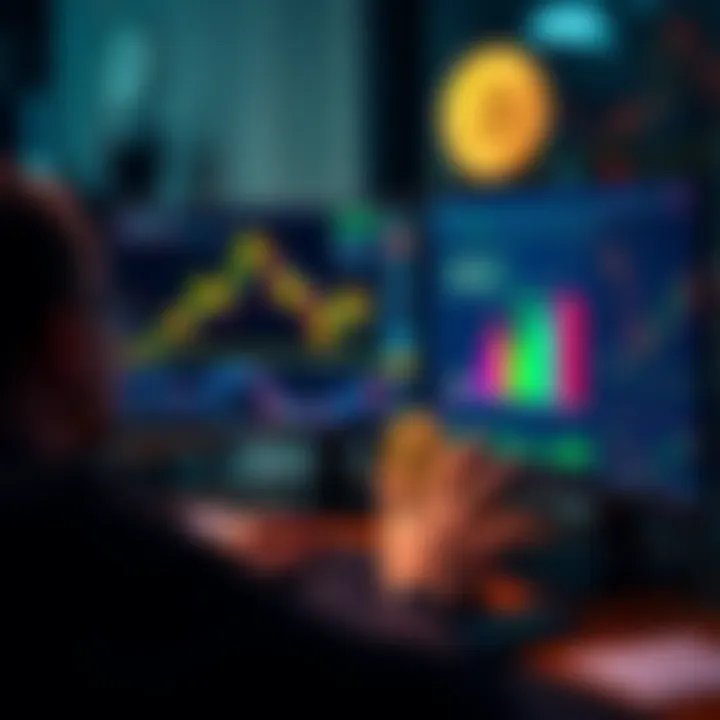 A person analyzing Bitcoin market trends on a computer with charts and graphs, focusing on selling strategies.
