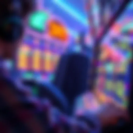 A player engaged in a Bitcoin slot machine game, focusing on the screen with colorful graphics and spinning reels.